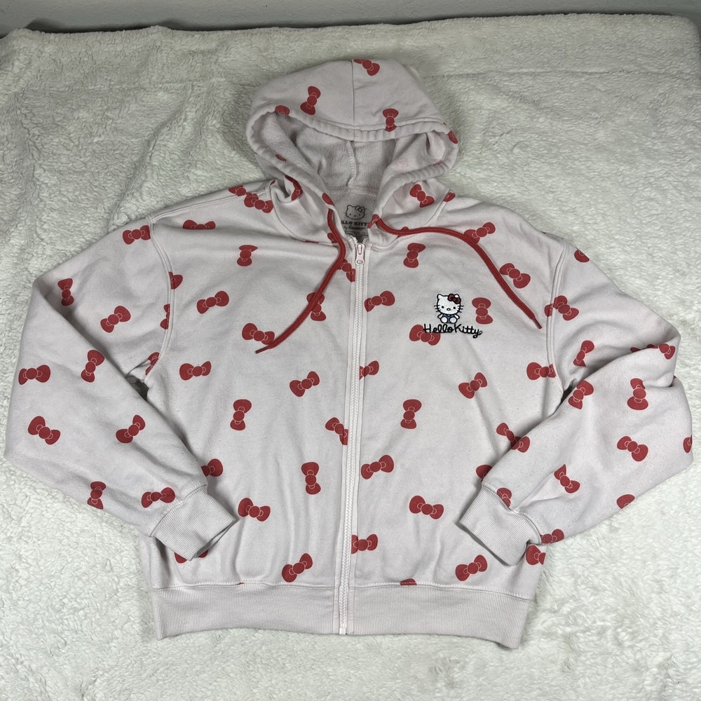 Hello Kitty Women‎ Sanrio Light Pink Zip Up Hoodie Bows Pattern Embroidery Sz S